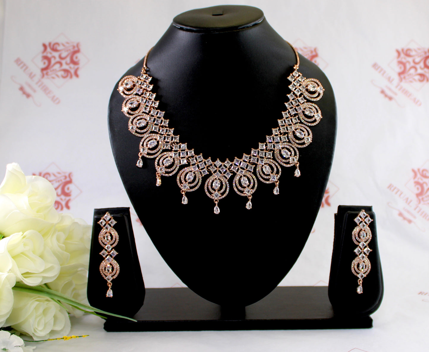 Net Design American Diamond Necklace Set