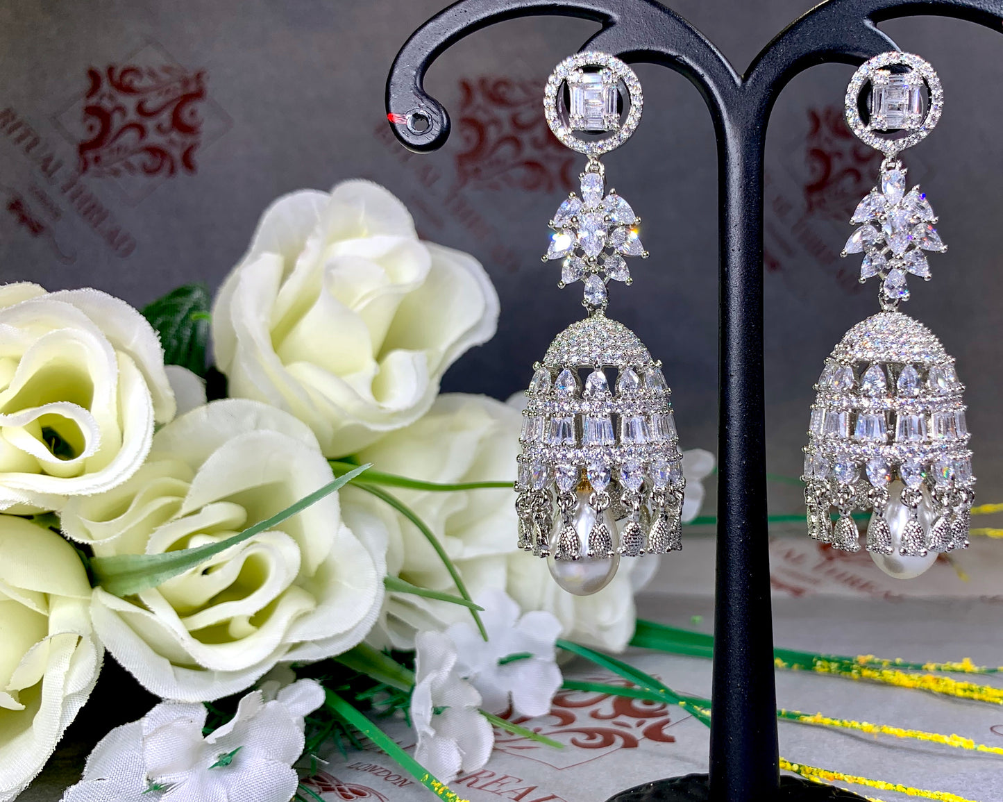 Silver American Diamond Pearl drop Earrings