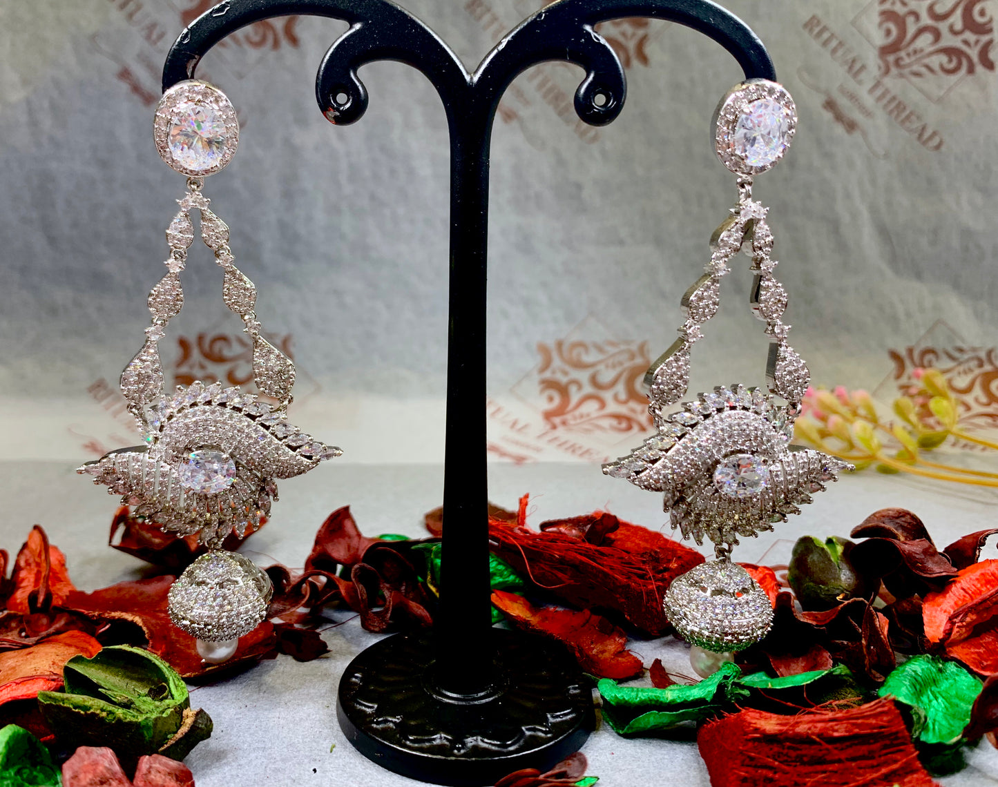 Royal Silver Stones Pearl Drop Earrings